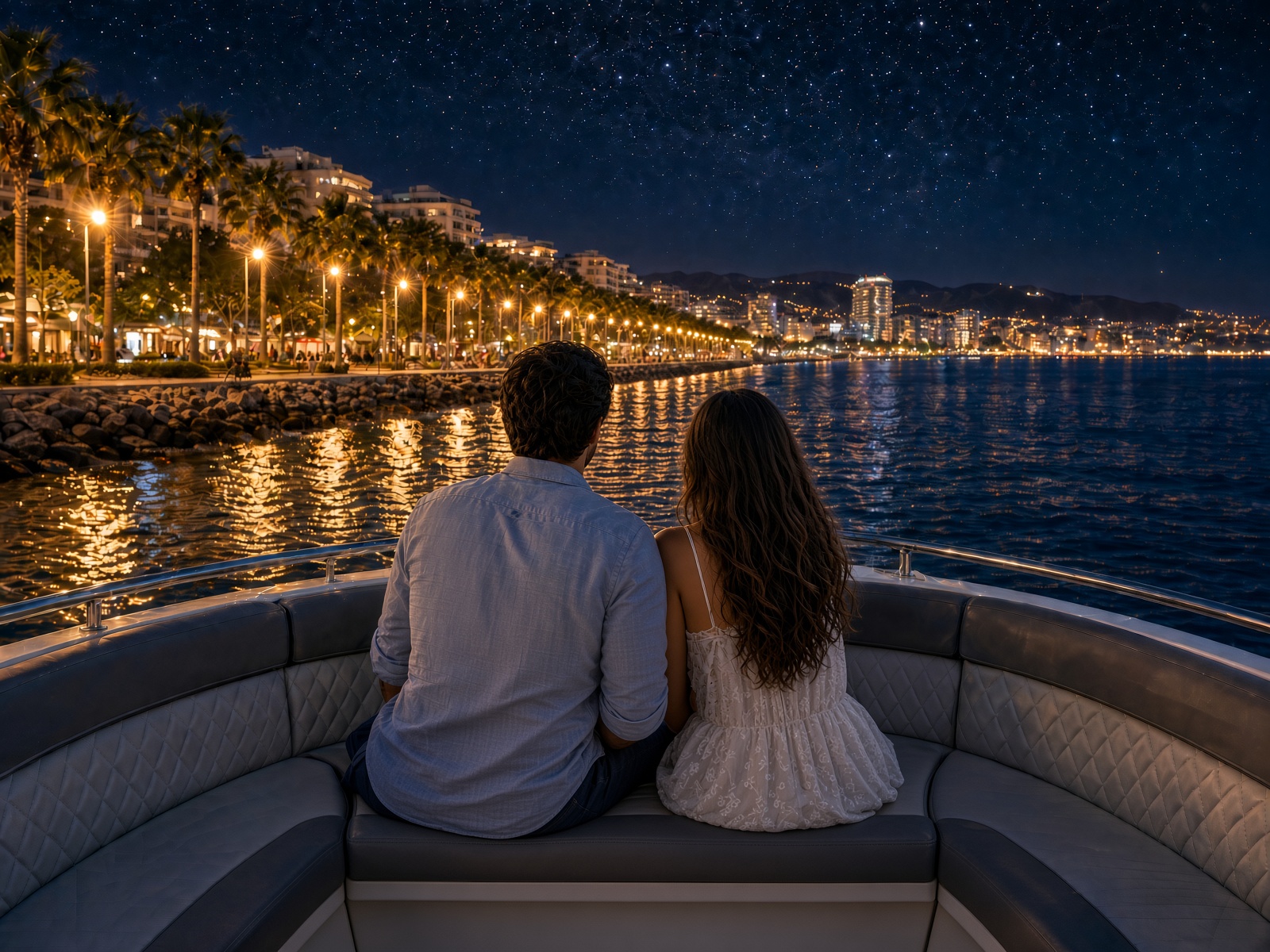 A couple on the bow, the seafront lit up at night // Пара на носу лодки, ночная набережная в огнях // Ένα ζευγάρι στην πλώρη, η παραλία φωτισμένη τη νύχτα
