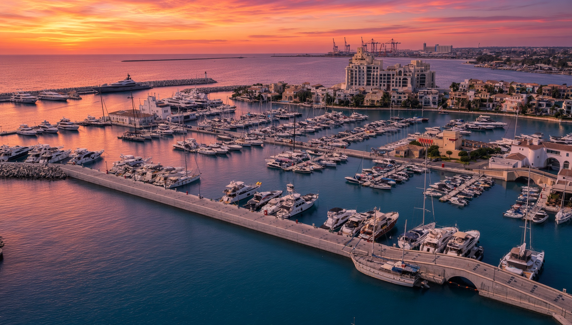 The marina from above at sunset // Марина на закате, вид сверху // Η μαρίνα από ψηλά στο ηλιοβασίλεμα